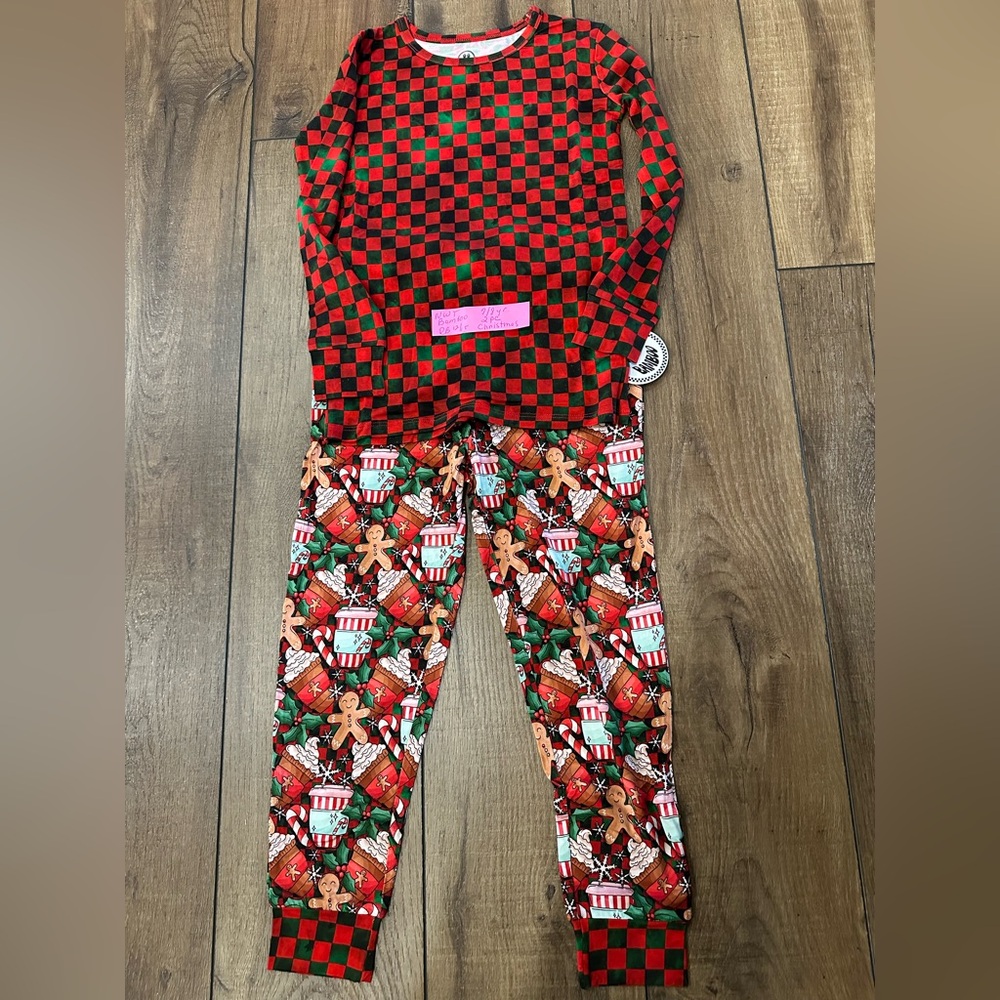 Kids Bamboo Pajamas Red and Green Checkered with Gingerbread Print